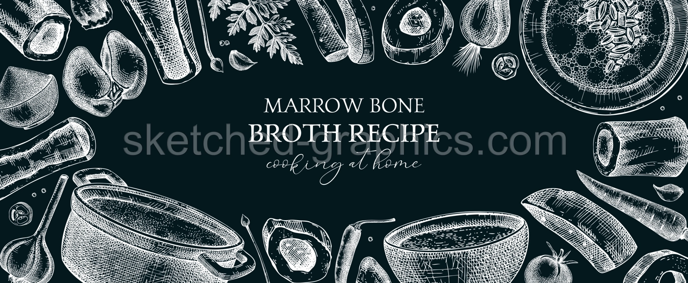 Healthy food background. Marrow bone broth banner. Hot soup on plates, pans, bowls, organ meat, vegetables, marrow bones sketches. Hand drawn vector illustrations. Homemade food on chalkboard Illustration